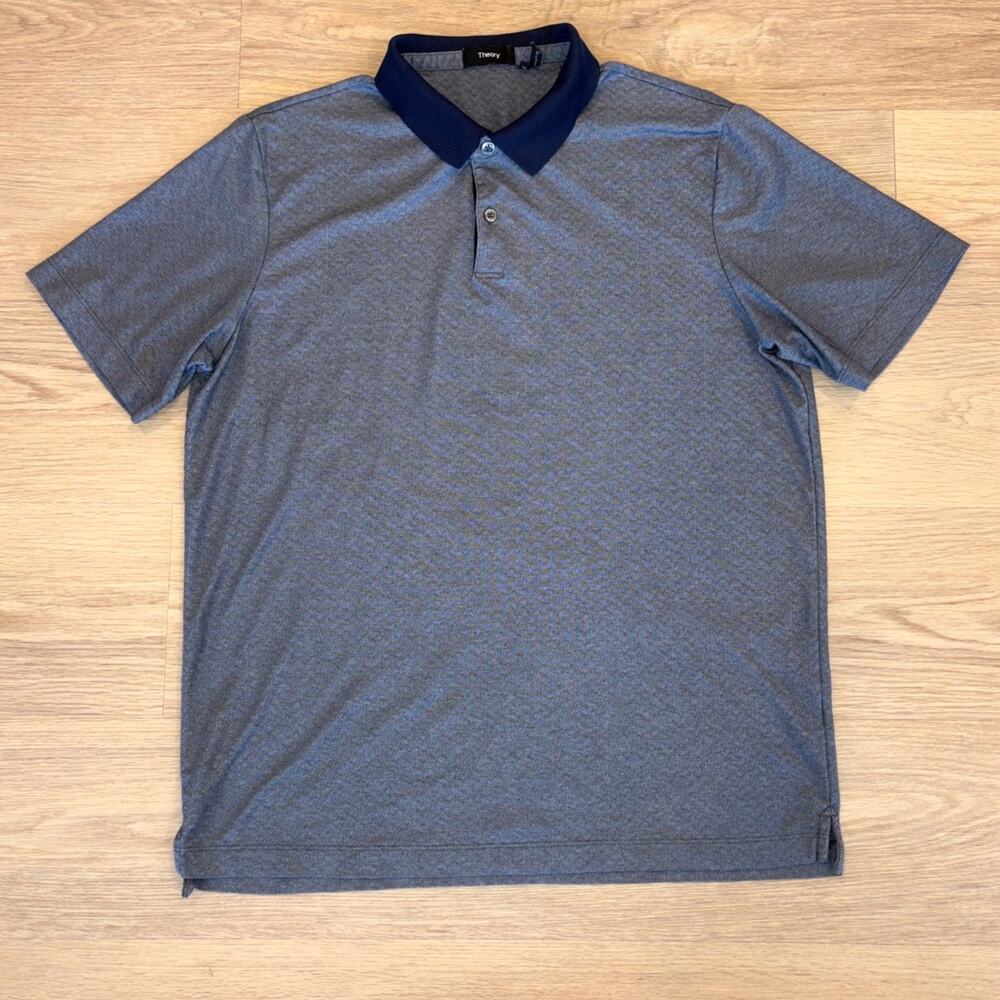 Theory blue gray contrast polo with micro dot herringbone detail mens size XL
